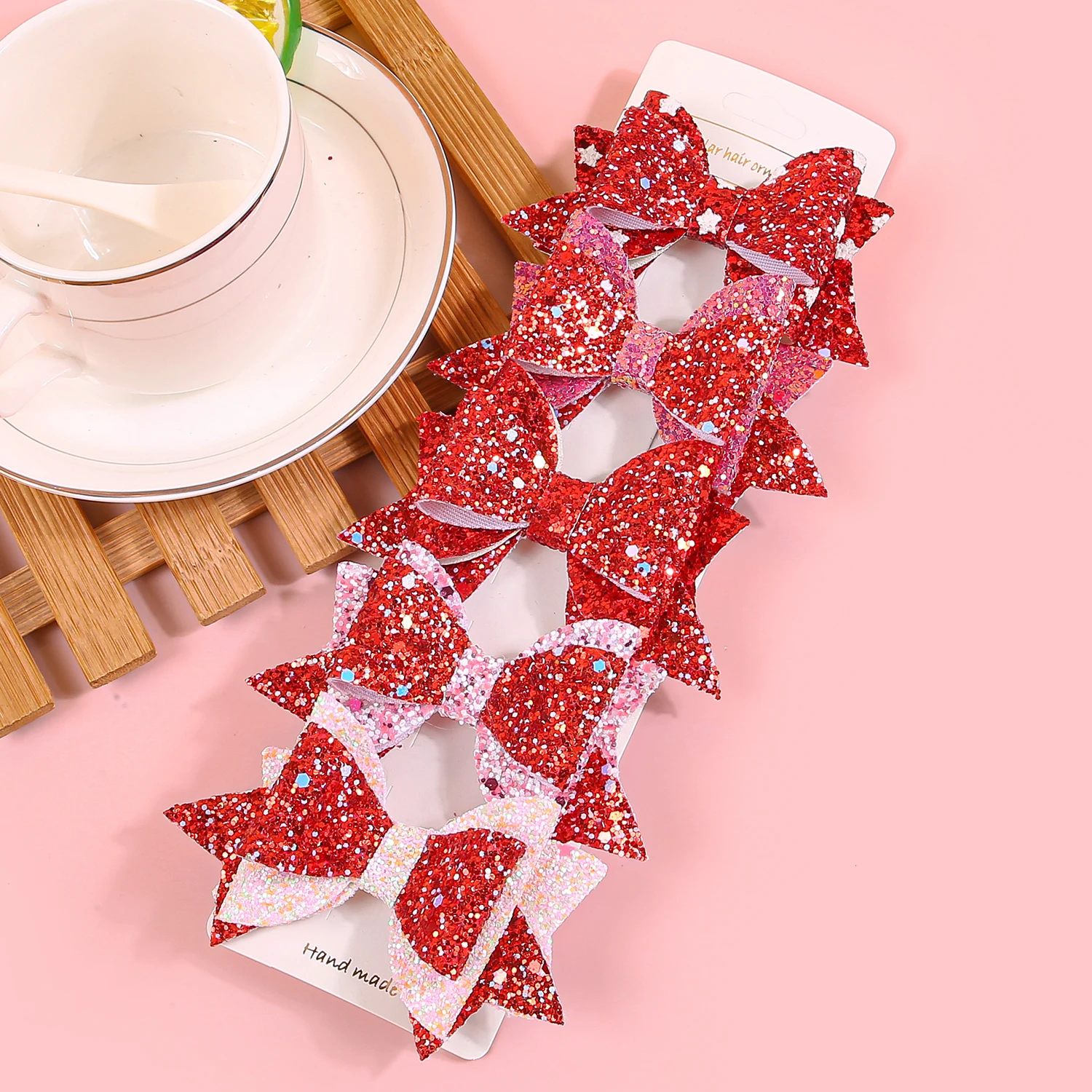 5pcs Glitter Heart Hair Bows for Girls Valentine\'s Day Print Bows Heart Hair Clips Barrettes for Kids Party Hair Accessories