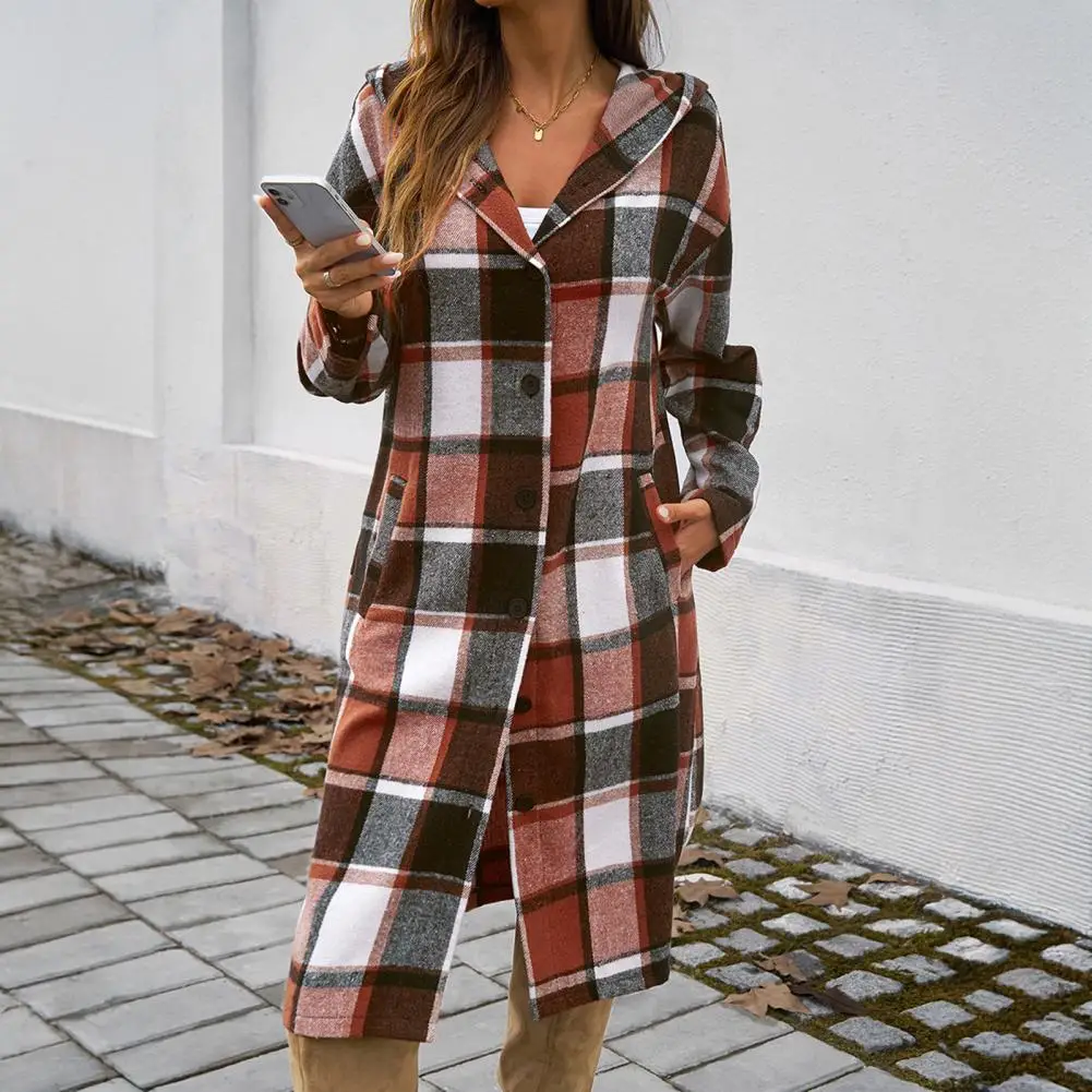 Plaid Coat Plaid Print Hooded Coat for Women Stylish Mid-length Outerwear with Pockets Contrast Color Detail for Spring Fall