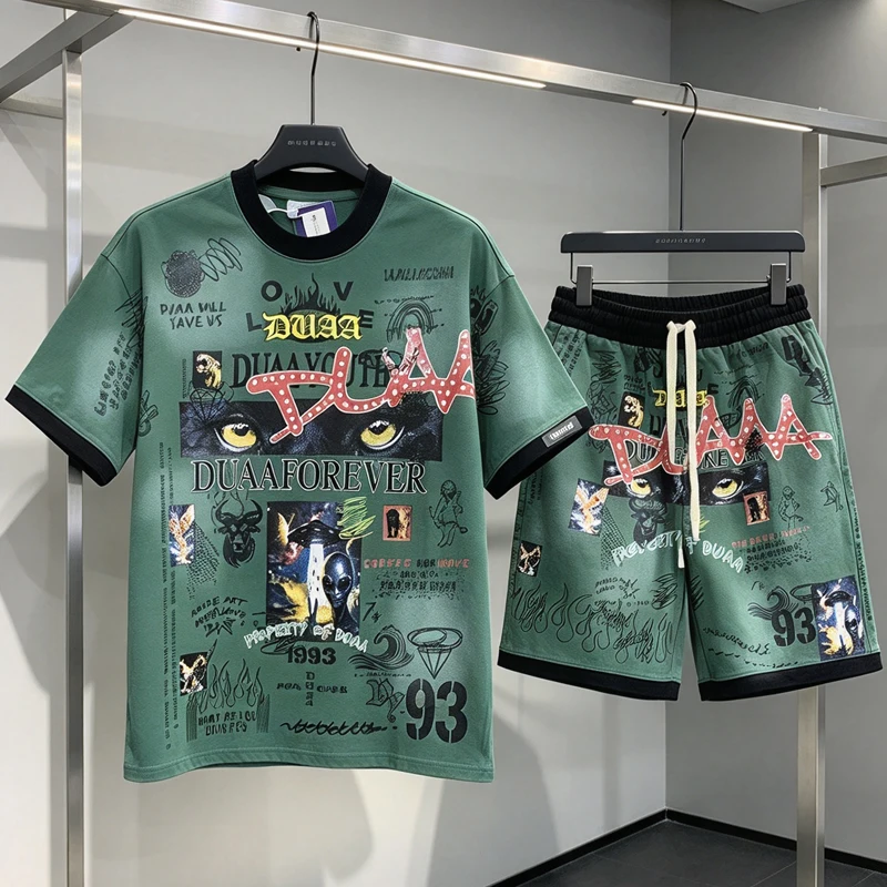 DUAA Casual Shorts High-quality Full Graffiti Printed Rhinestone Sports Shorts Vintage Washed Trendy Suit