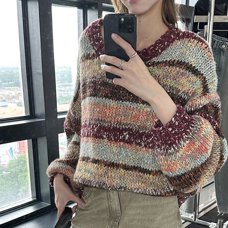 Contrast Color Striped Jumper Crew Neck Rainbow Pullovers  Big Long Loose Sweater  Autumn/Winter Women Knitted Clothing