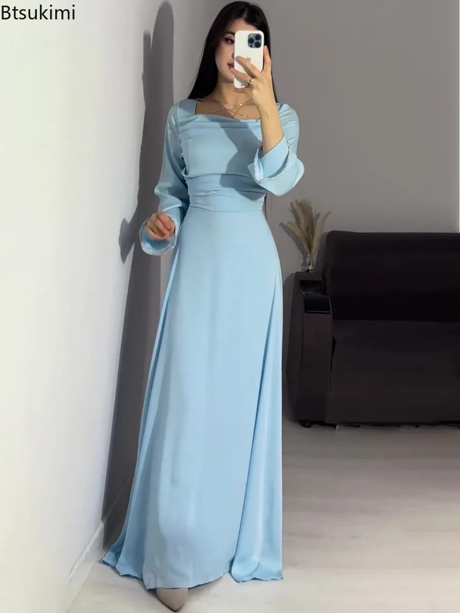 エレガントなイスラム教徒の女性のドレス長袖サテンダイヤモンドがちりばめられたアバヤドバイアラビアパーティードレストルコイスラム服 Vestidos