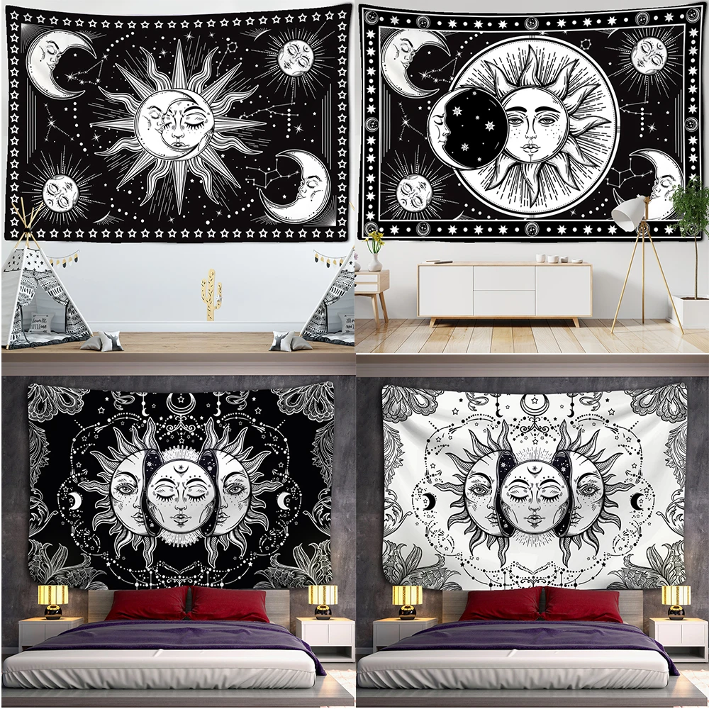 Mandala Tapestry White Black Sun And Moon  Wall Hanging Tarot Hippie  Rugs Dorm Decor Blanket