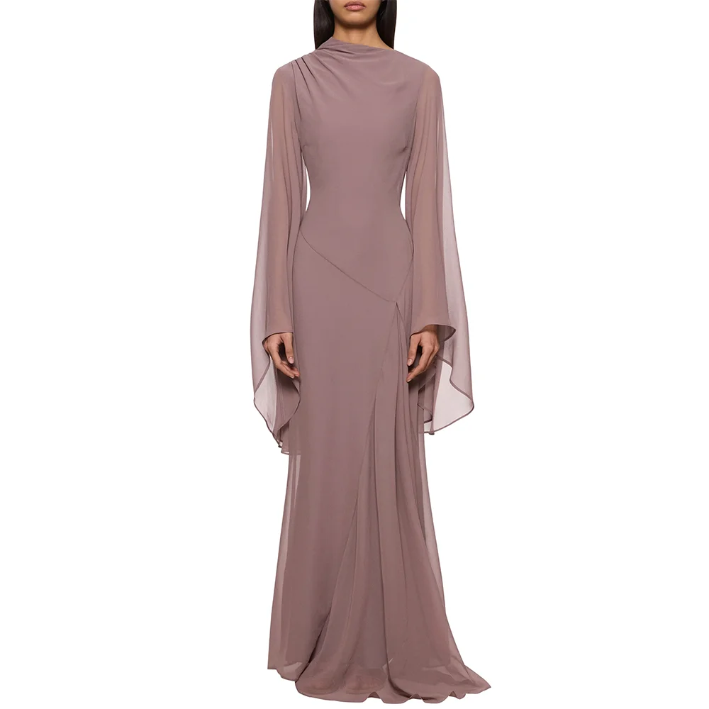 

Casual Party Dresses for Women High Collar Long Sleeves Evening Dress Pleat Straight Floor Lenght Prom Gowns Customized