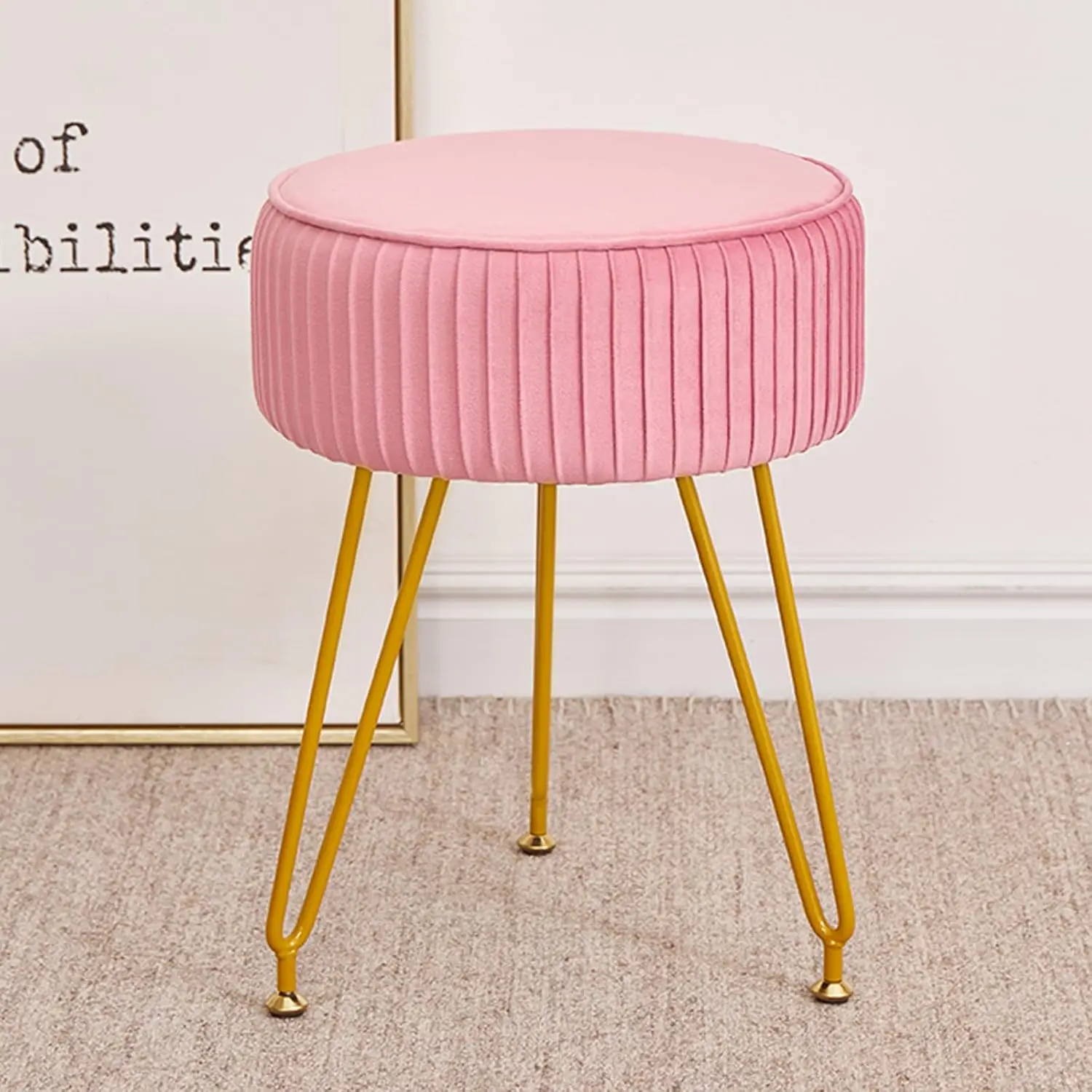 

Velvet Vanity Stool, Modern Ottoman Foot Rest Stool With Adjustable Golden Legs, Makeup Chair For Vanity, Multifunctional Small