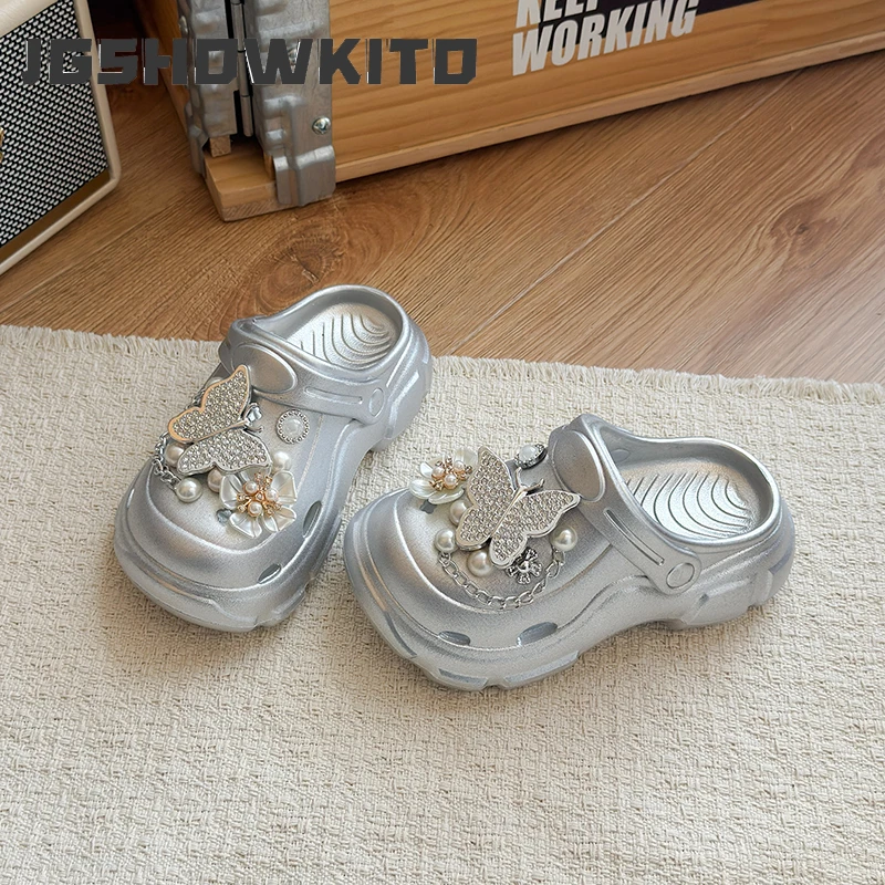 

JGSHOWKITO Children EVA Slippers 2026 New Style Girls Summer Flower Slippers Closed Toe Non-slip Home Beach Kids Glitter Shoes