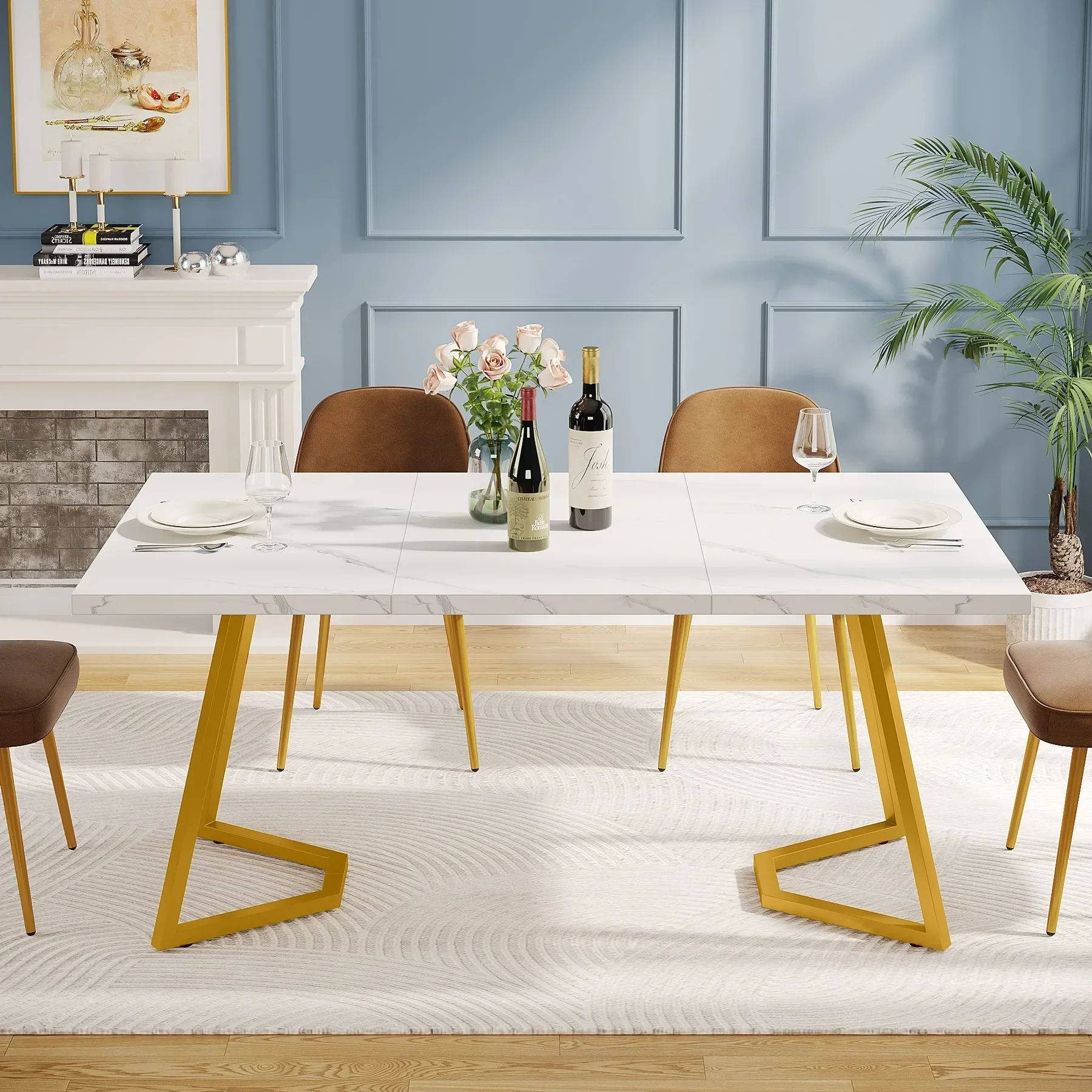 Tribesigns Gold Dining Dinner Table: 55 Inches Modern White Dining Room Table with Golden Legs, Faux Marble Kitchen Table for 6