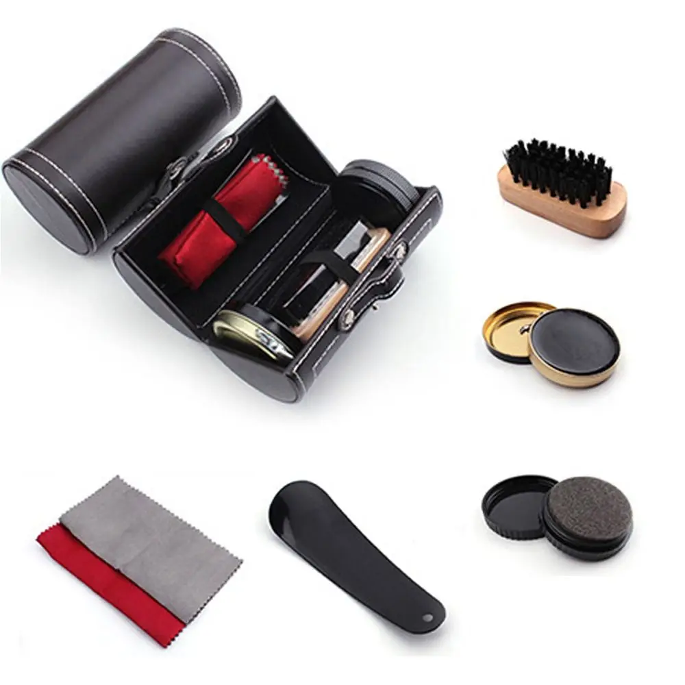 مجموعة برميل محمولة مجموعة تلميع الأحذية السوداء لإزالة البقع من الجلد مجموعة تلميع الأحذية أدوات العناية بالأحذية