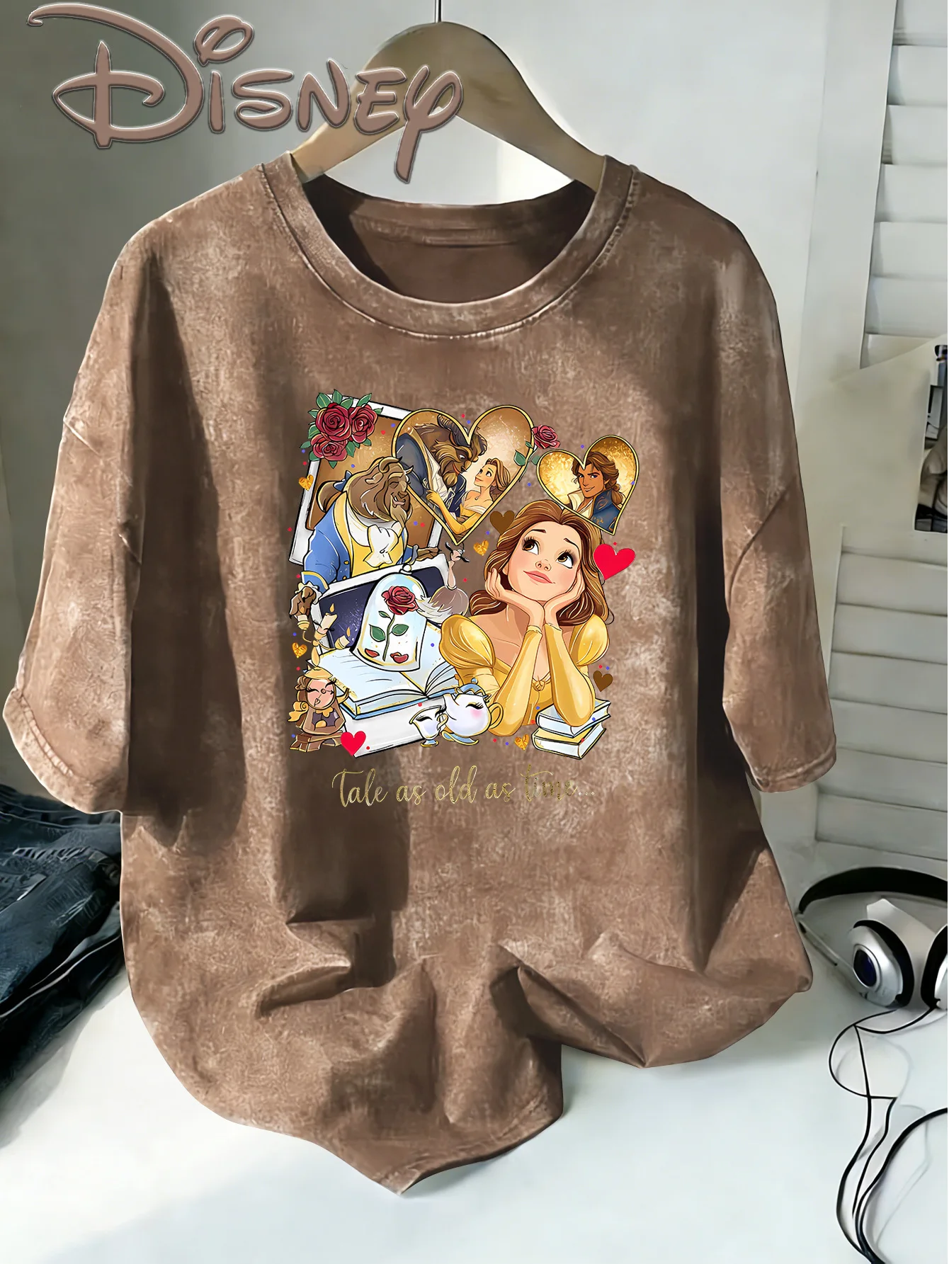 Camiseta de verano con estampado de rosas de La Bella y la Bestia de Disney para mujer