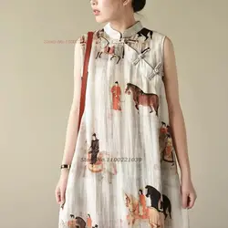 2024 chinese sleeveless dress vintage cheongsam dress national print cotton linen qipao chinese traditional dress a-line qipao