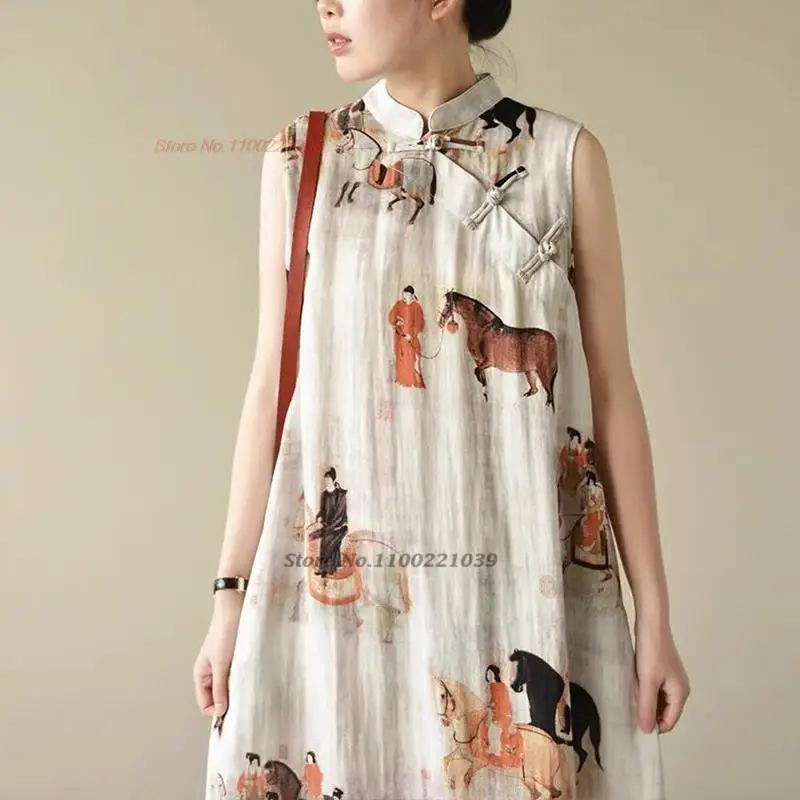 Sukienka chińska bez rękawów z 2026 roku, vintage cheongsam, sukienka z nadrukiem narodowym, bawełna i len, qipao, tradycyjna chińska sukienka, qipao w kształcie litery A.
