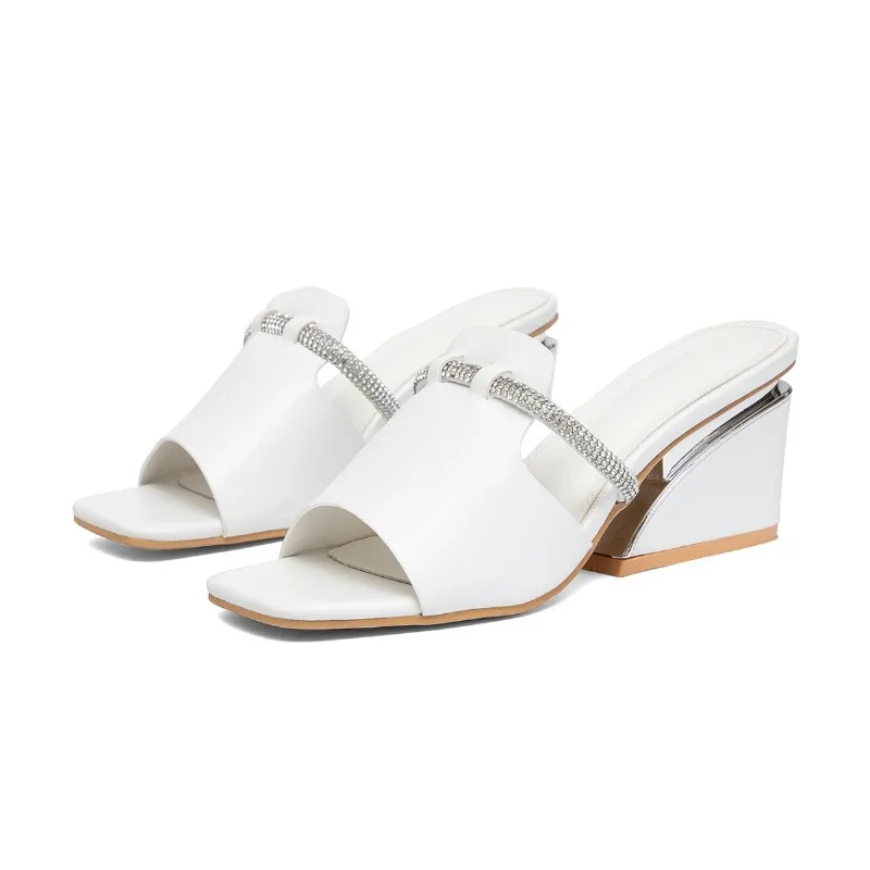 

Summer New High Heels Sandals Women Peep Toe Casual Slides Female Outdoors Leather Rhinestone Fashion Wedge Slippers for Women