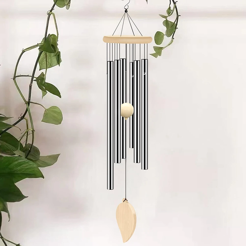 【STOCK】Wind Chimes Outdoor, Memorial Wind Chimes with Hook and 6 Tubes, Wooden Wind Chime Decor for Home, Garden, Patio,Silver
