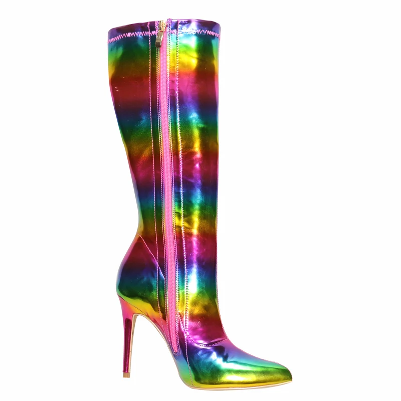 Sexy Gradient Rainbow Shiny Leather 12cm Thin High Heel Knee Boots Pointed Toe Zipper Side Women Colorful Boots