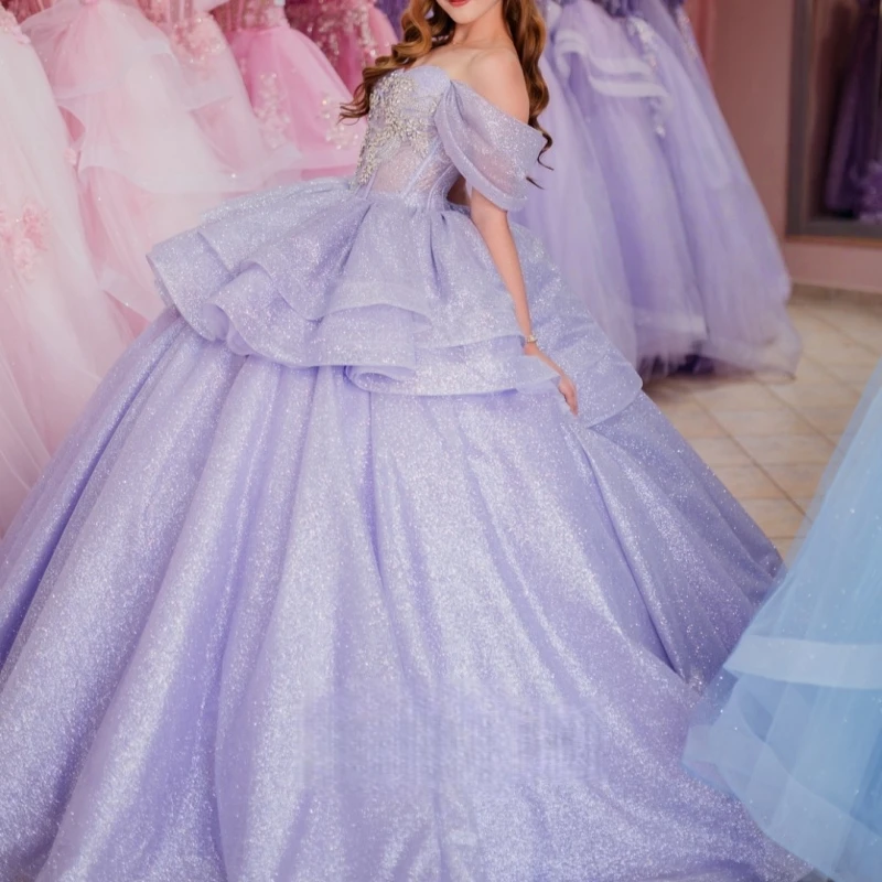 

Lavender Shiny Quinceanera Dresses Ball Gown Off The Shoulder Beading Crystal Tull Party Birthday Sweet 16 Dress Vestidos 15 De