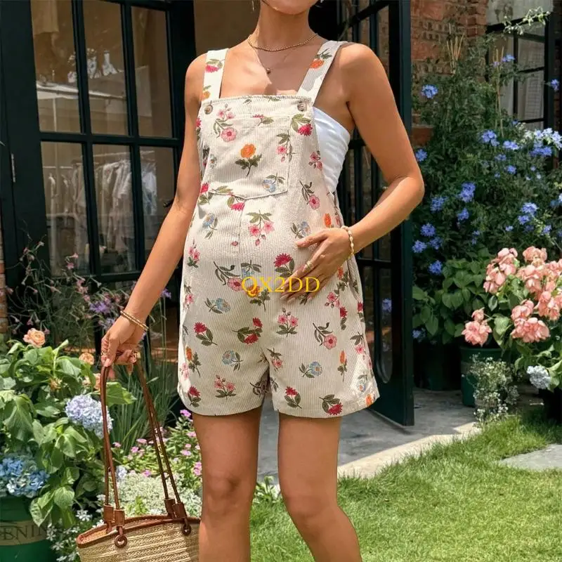 QX2D Comfortable Printed Maternity Suspenders Short Pants With Stretchy Waist Designing For Expecting Mother