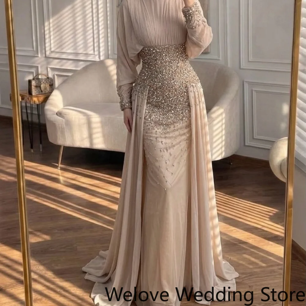 Customized Elegant Evening Gown Featuring a Round Neckline, Long Sleeves with Beaded Cuffs, a Heavily Embellished Waistband