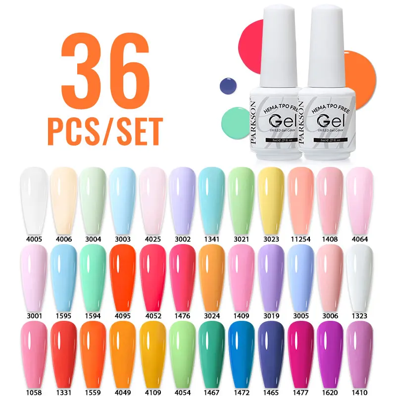ชุดเจลทาเล็บสีพื้นยอดนิยมจากพาร์กสัน คอลเลคชั่นเจลยูวี 36 สี ปราศจากสาร TPO และ HEMA ชุดเจลทาเล็บกึ่งถาวร