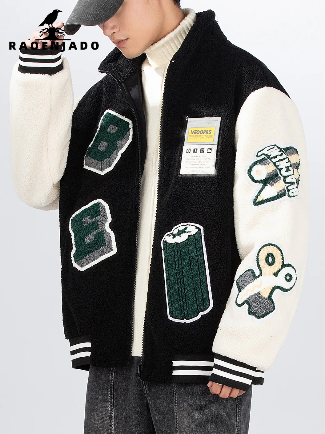 

Men's Fleece Jacket Warm Long Sleeve Colour Block Fuzzy Coat Letterman Embroidery Baseball Style Fur Outdoor Winter Men Clothes