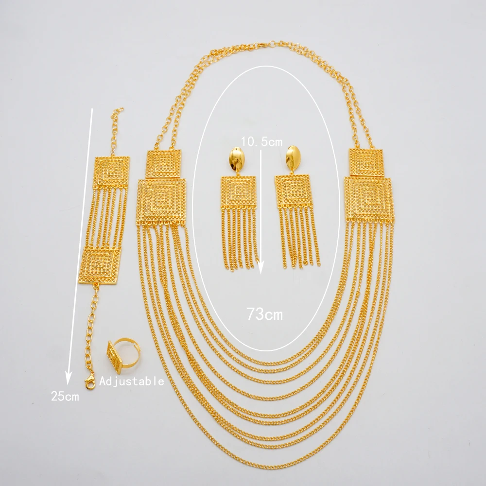 Fine Dubai Gold Color Bridal Jewelry Set For Women African India Long Chain Tassels Necklace Bracelet Earrings Ring Sets Gift