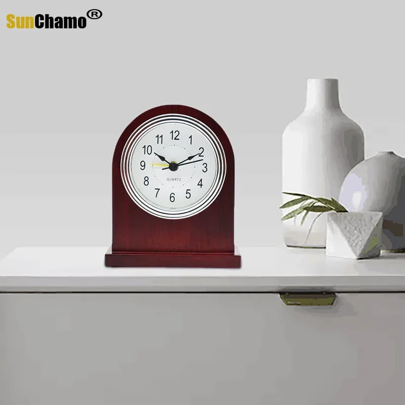 Luxury Hotel Gold Frame Red Wood Alarm Clock Roman Numerals Silent Snooze Aluminum Dial Desktop Table Clocks Bedroom Decoration