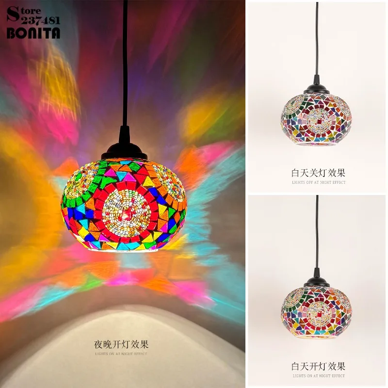 Mandala Mosaic Pendant Light Vintage Bohemian Sunflower Stained Glass Hanging Lamp Turkey Feature Lighting for Bedroom Bar Cafe