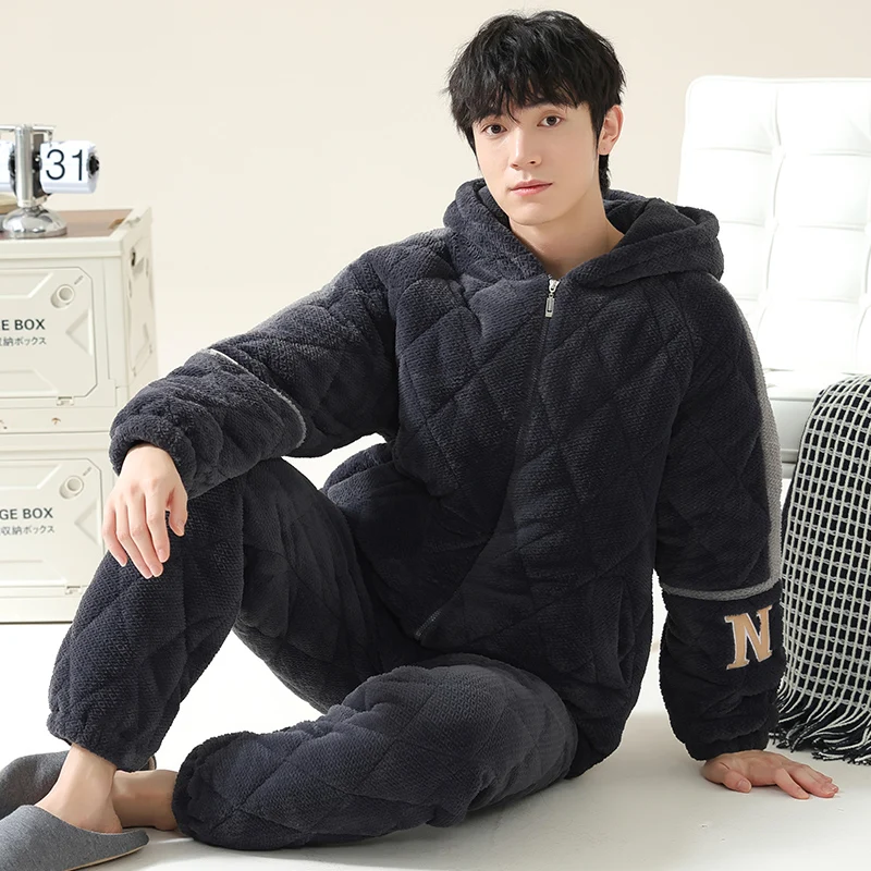 Newest Winter Hooded Pajamas Set Men Thick 3 Layer Clip Cotton Sleepwear Suits Men's Clothing Pijama Hombre