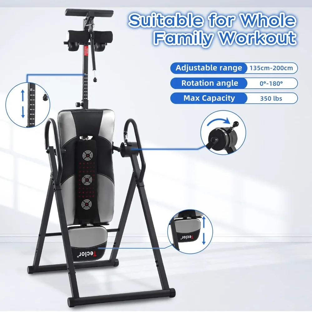 Advanced Heat and Massage Inversion Table for Back Pain Relief Heavy Duty 350 lbs Capacity Wider Thickened Backrest Strength