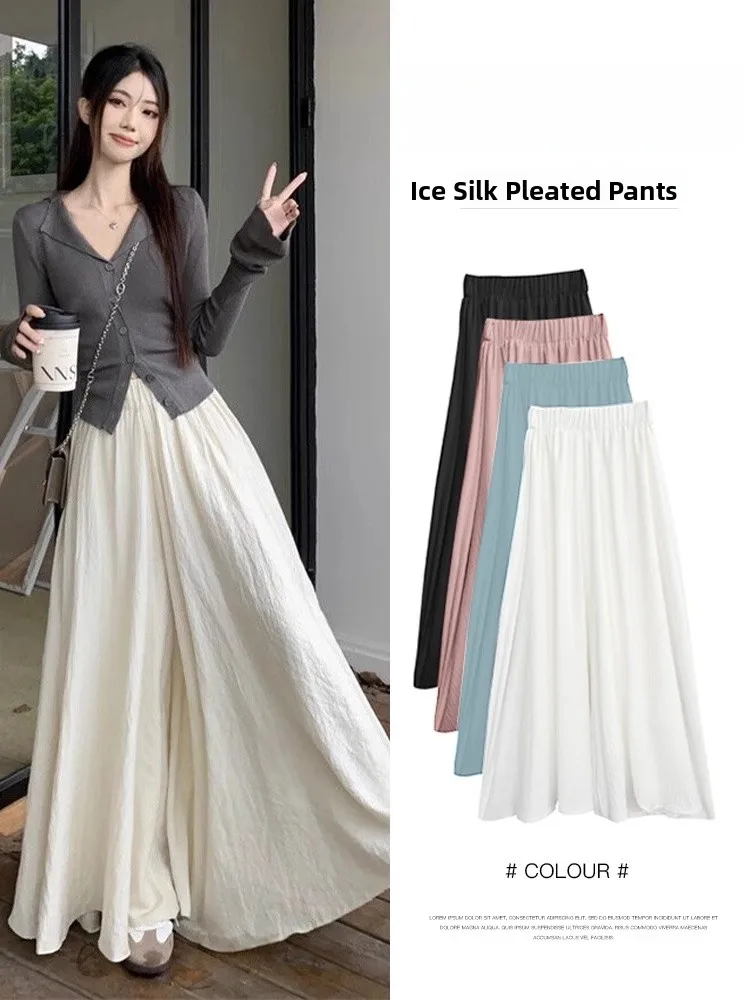 

White Ice Silk High Waist Wide Leg Pants Casual Summer Thin A-Line Skirt Women's Clothing Korean Style Loose Fit Trousers