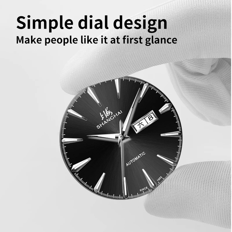 Shanghai Men's Watch Automatic Mechanical Movement 41.33mm All Black Elegant Watch Water Resistant 50m Luminous Classic Watch
