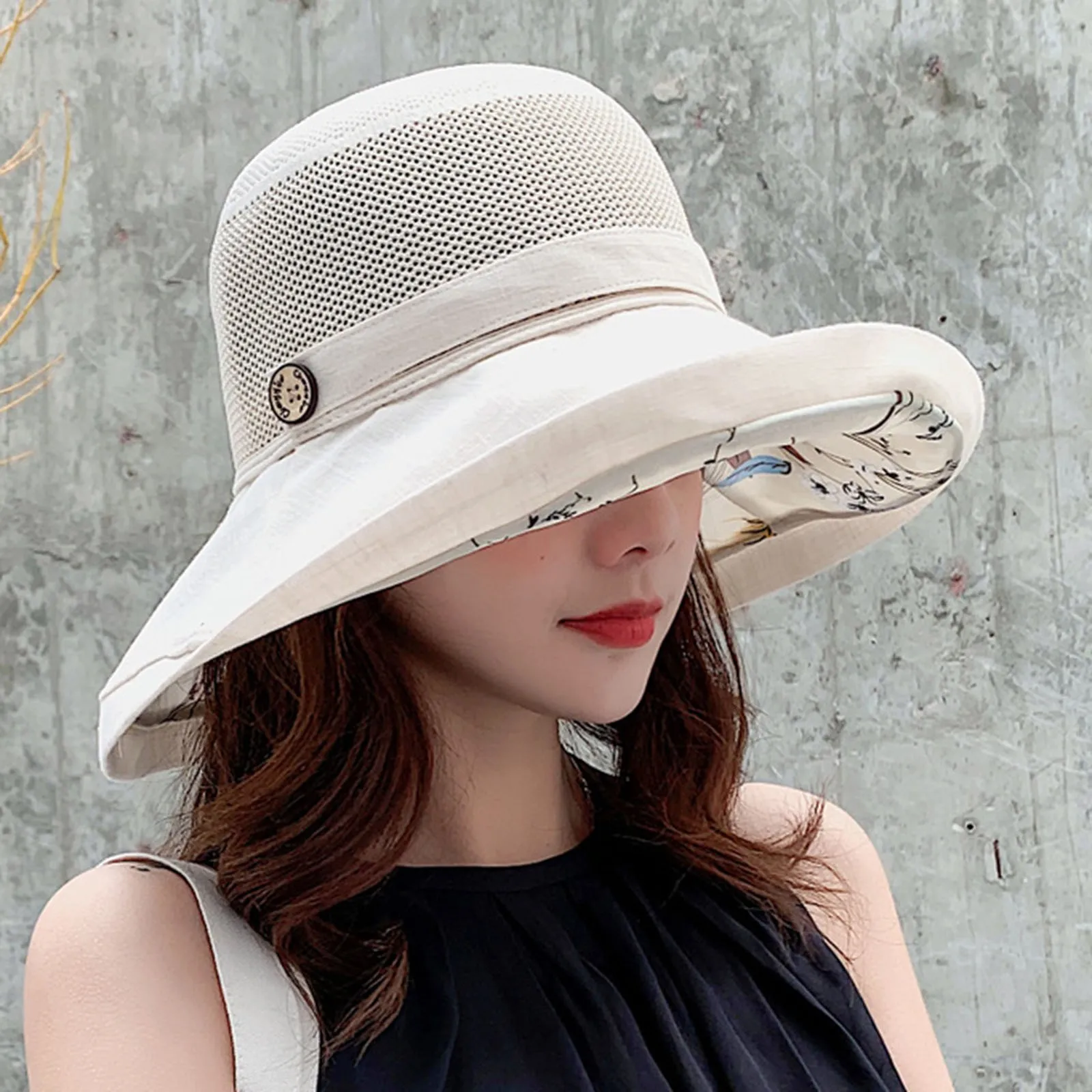 

Women's Sun Hat Women's Hat Spring And Summer Mesh Face Pattern Clasp Basin Hat Outdoor Sun Visor Hat Printed On The Inside Hats