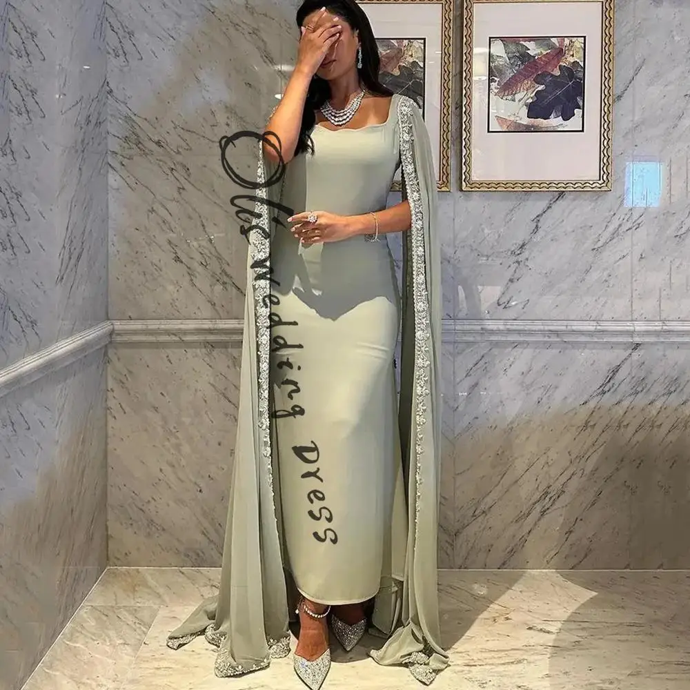 

customized Evening Dress Square Collar Ankle Length Straight Women Customized Jersey Beading Applique Formal فساتين سه