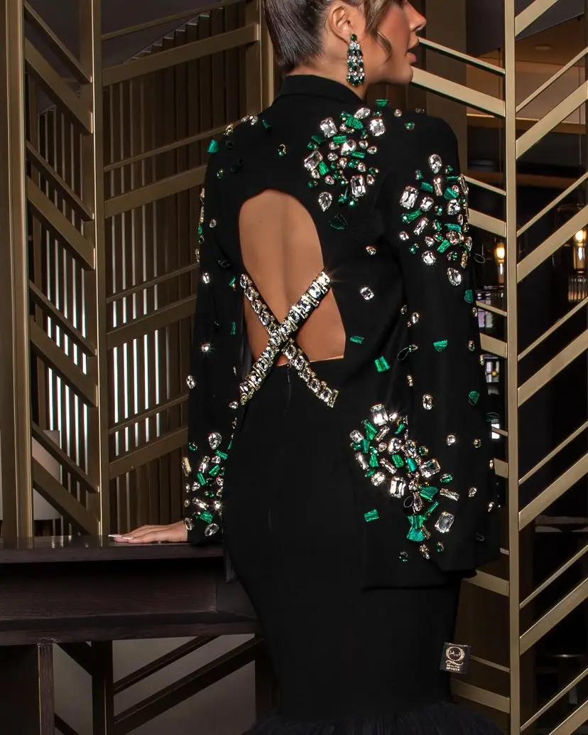Beading Luxury Evening Dresses Green Crystal Beads Mermaid Prom dress Jacket Saudi Arabia Women Customized Formal Wedding Party