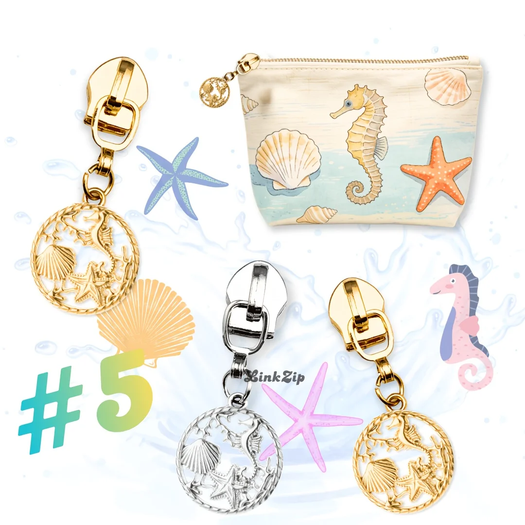 5pcs #5 Ocean Series Nylon Zipper, Hippocampus Starfish Zinc Alloy Zipper Pull, Replaceable Zipper, Luggage Zipper, Clothing