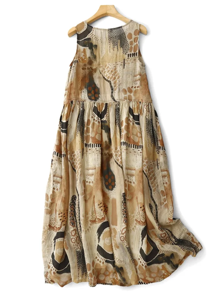 Gute Qualität Vintage Print Baumwolle Leinen Kleid Frauen Sommer Mode Ärmellose Lose Beiläufige Bequeme Kleid Mädchen Urlaub Kleid