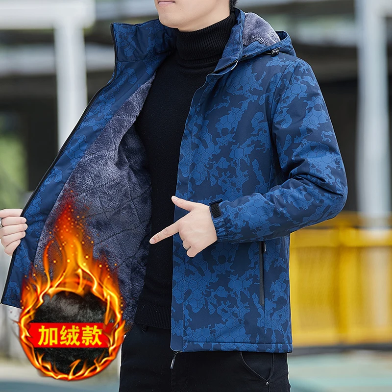 Thickened and Velvet Winter 2023 New Men's Outdoor Printed Hooded Long Sleeved Sprint Coat Autumn Loose Casual Commuter Coat