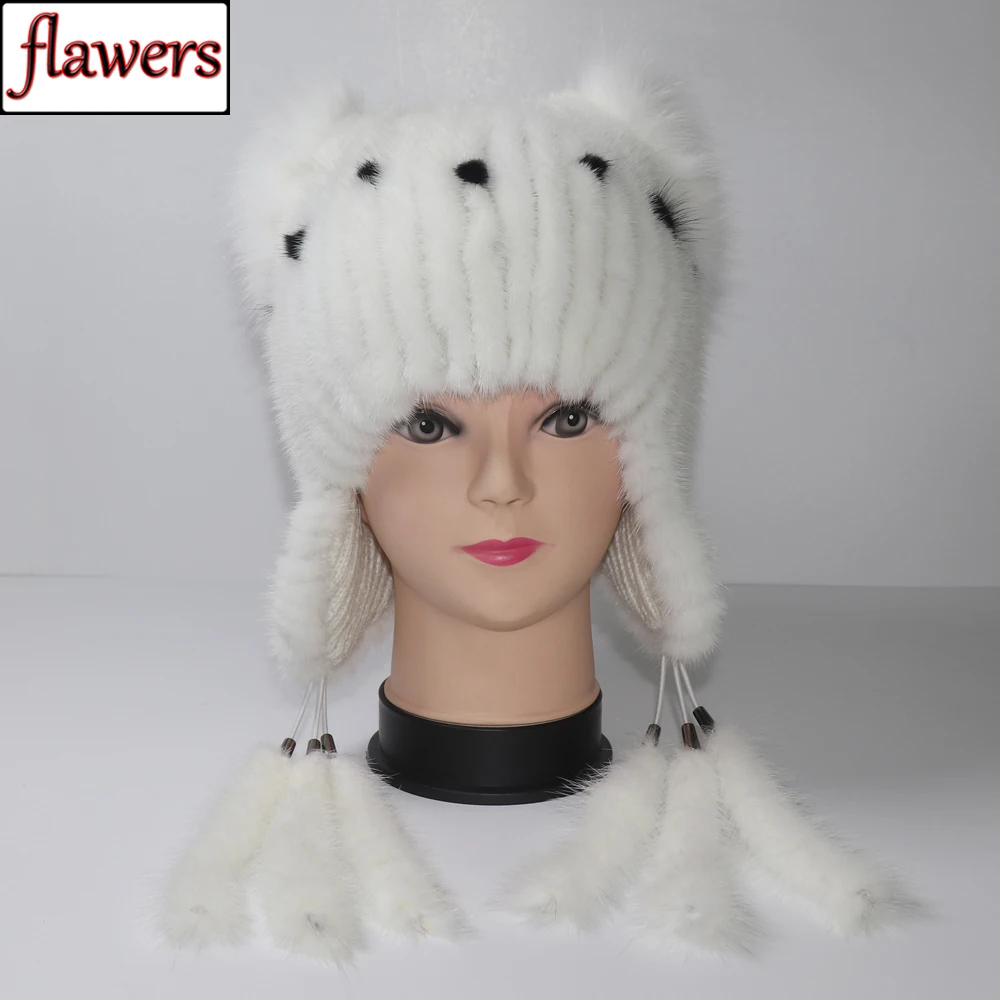 Mink Fur Hat For Women Winter Knitted Natural Mink Fur Hats With Tail Good Quality Warm 100% Real Mink Fur Ear Protection Caps