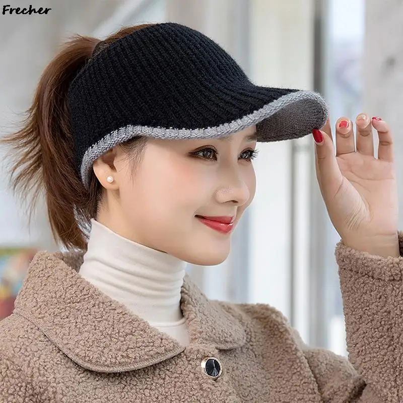 Women Winter Knitted Hats 2024 Outdoor Crochet Wool Caps Elastic Baseball Cap Comfortable Ponytail Beanie Hat Warm Skullies