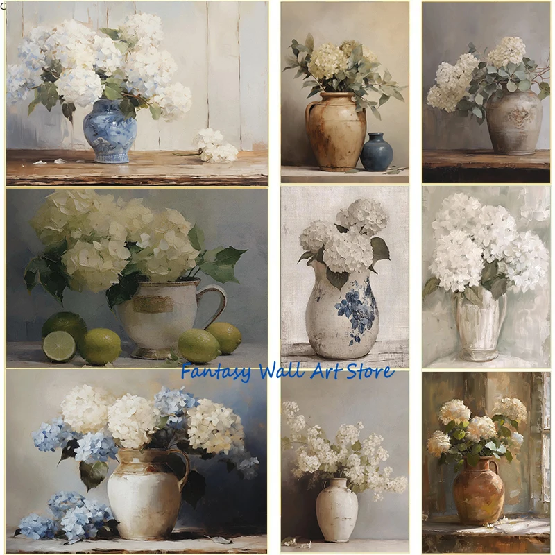Vintage Hydrangea Painting Blue White Flowers Hydrangeas in Vintage Vase Poster Canvas Painting Wall Pictures Home Kitchen Decor