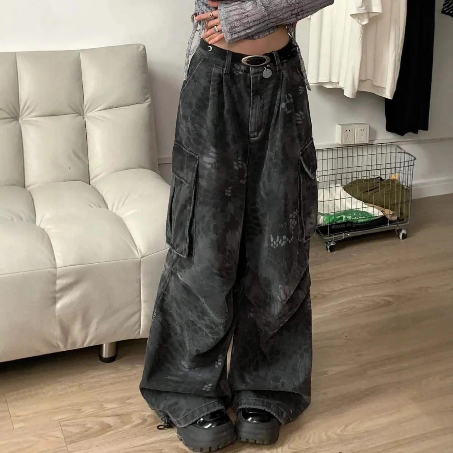 2026 Loose Straight Wide Legs Washed Retro Camouflage Tooling Jeans Women