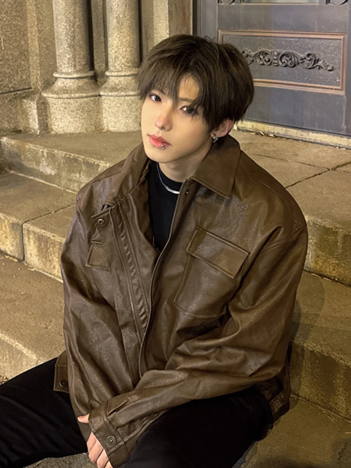 

American Sle ort PU Leather Jaet Men's Spring Autumn Trendy Brand Cool Street Sle Motorcycle Vest oulder Pads Coffe...