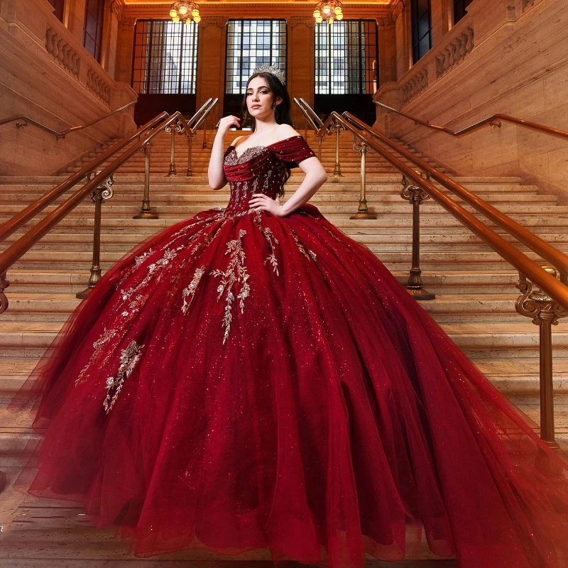 

Mexican Red Shiny Quinceanera Dress Ball Gown Gold Lace Applique Beaded Crystals Tull Corset Sweet 16 Vestidos De XV 15 Anos