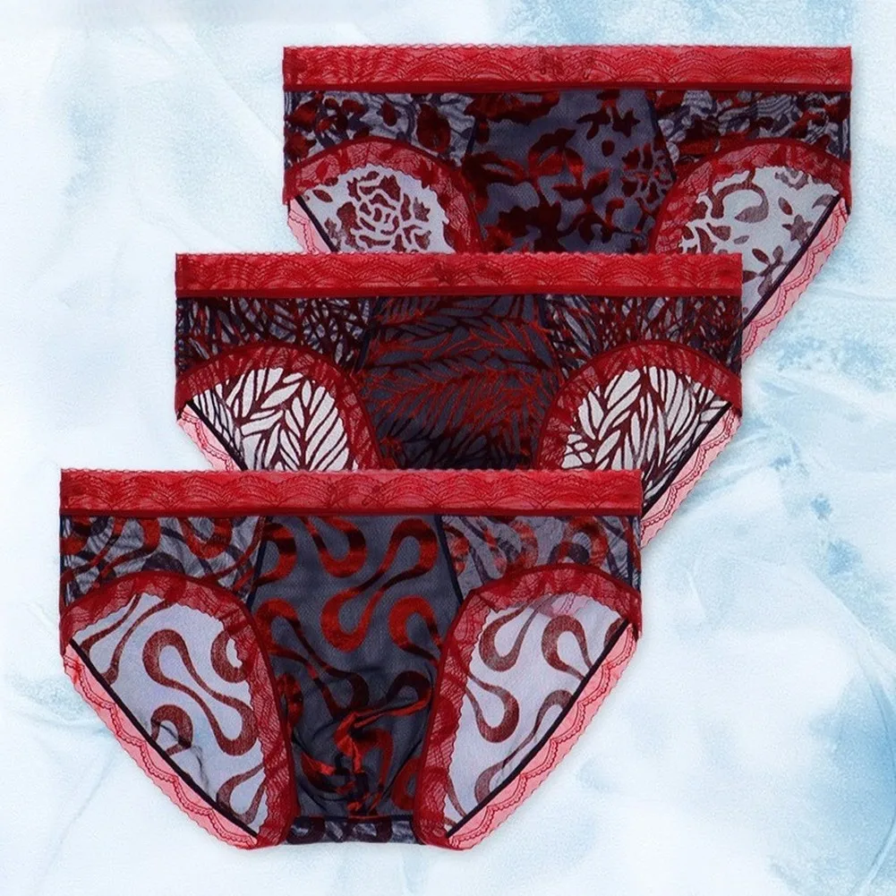 Comfortable Men's Lace Elastic Waist Briefs Shorts Underwear Bulge Pouch Transparent Flocking Printing Panties Lingerie