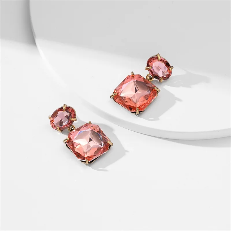 Multi Colors Exquisite Crystal Fuchsia Pink CZ Geometry Drop Earrings Square Earings Ins Women Girl New