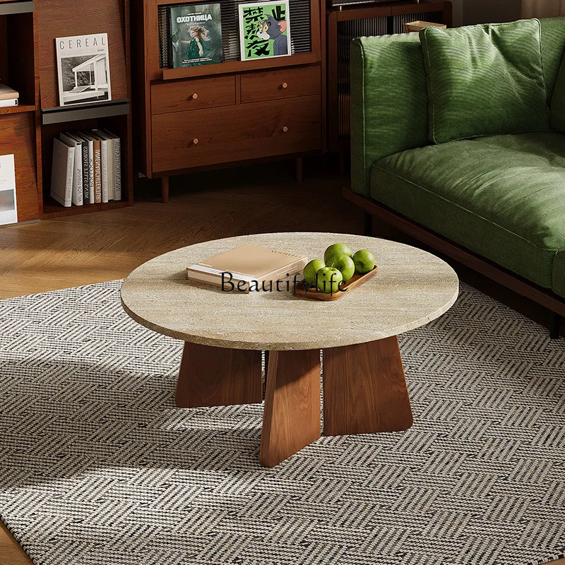 

Retro solid wood natural round travertine coffee table marble living room coffee table