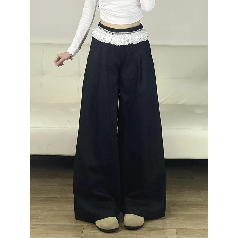 

PBAP Summer Women Lace Spliced Wide Straight Pants Contrast Low Rise Pleated Casual Loose Fit Suit Trousers New Trendy Clothes