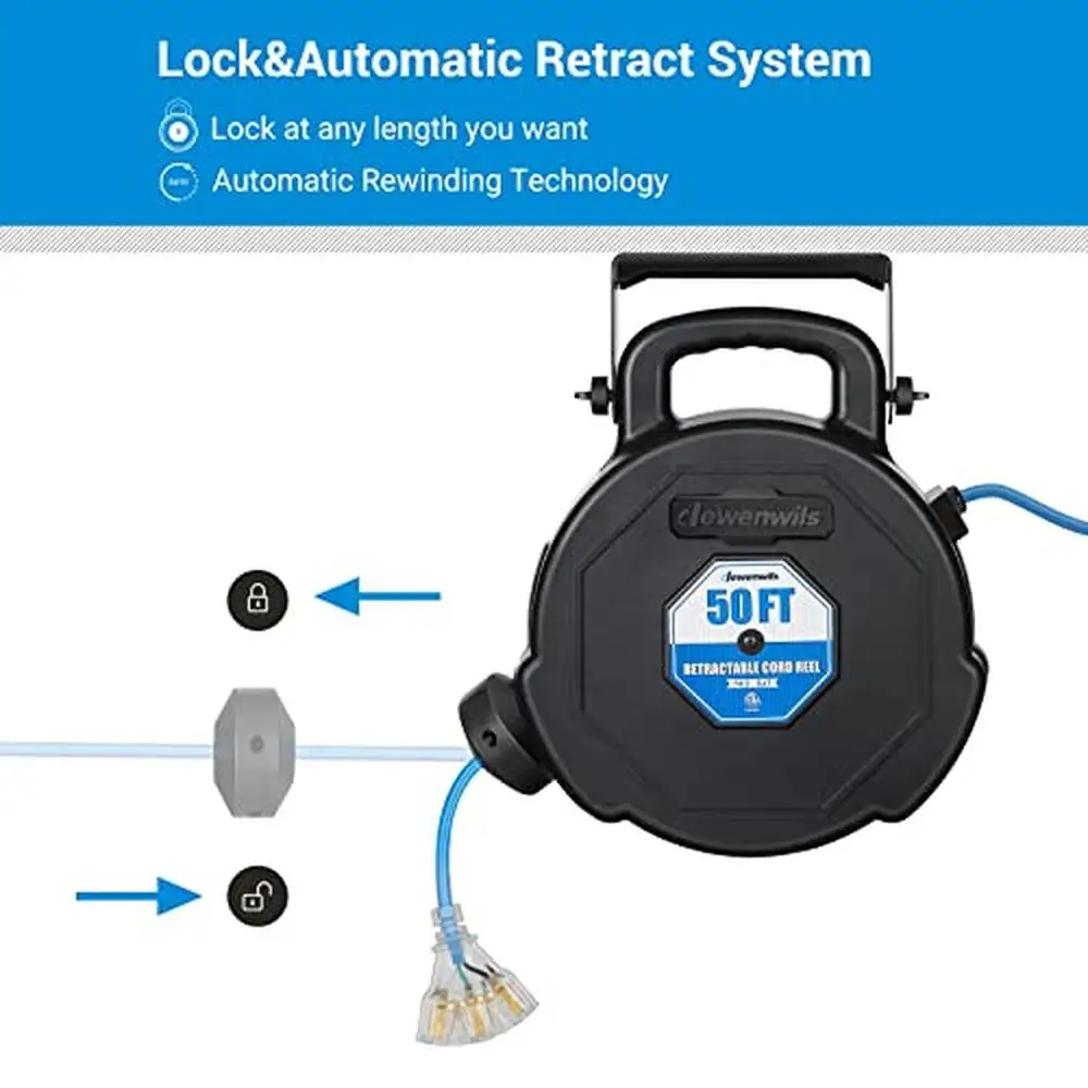 Retractable Extension Cord Reel with Lighted Triple Tap  50FT Heavy Duty Circuit Breaker Wall/Ceiling Mountable  Easy Install &