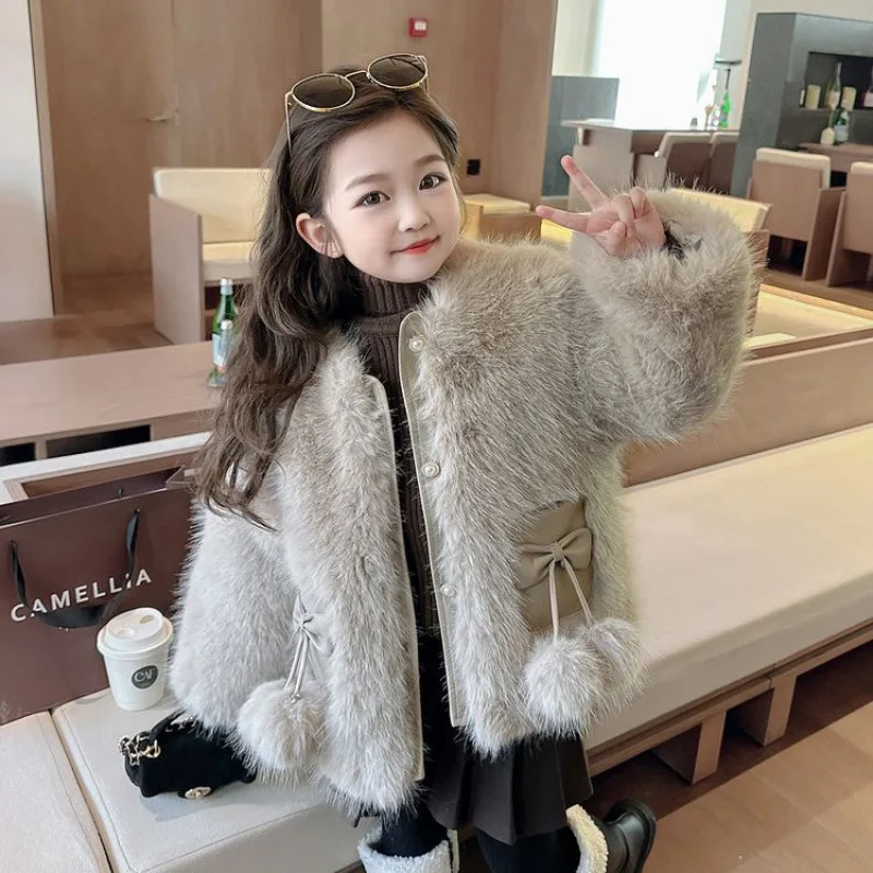 Girls 2025 Leather Coat Autumn Winter Thick Hairy Clothes Baby Winter Warm Korean Short Style Temperament Coat