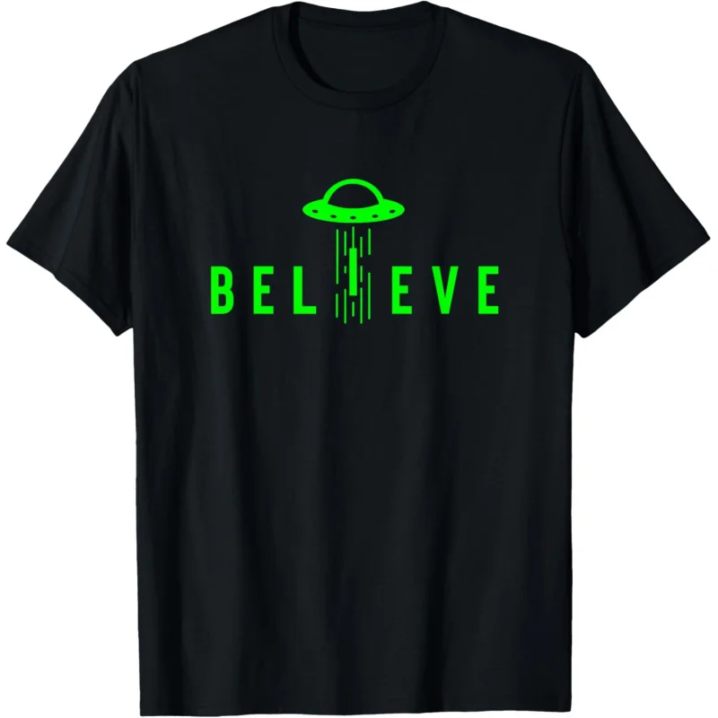 

Men's and Women's Sports and Leisure New Fashion Short sleeved Alien Lover Gift UFO Abduction Believe Black Top T-shirt