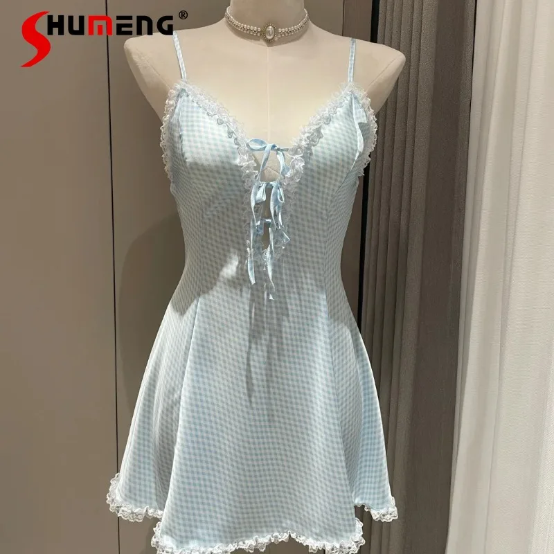 

Fairy Sweet Ballet Girls Синие и белые ночные рубашки Ледяная шелковая ночная рубашка на бретельках с бантом Женские полые кружевные сексуальные пижамы