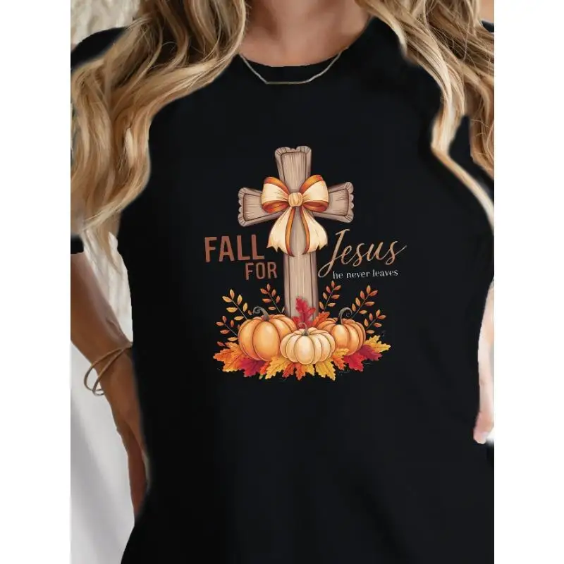 

Fall For Jesus T-Shirt Christian Autumn Graphic Tee Unisex Faith Based Gift Pumpkin Cross Top